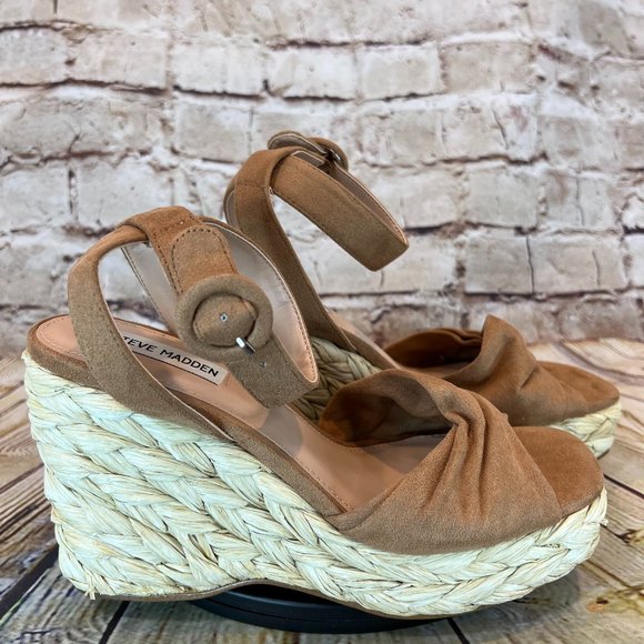Steve Madden Women's Brown Fabric Open Toe Ankle Strap Jute Wedges Sandals 8.5 M - Picture 1 of 9